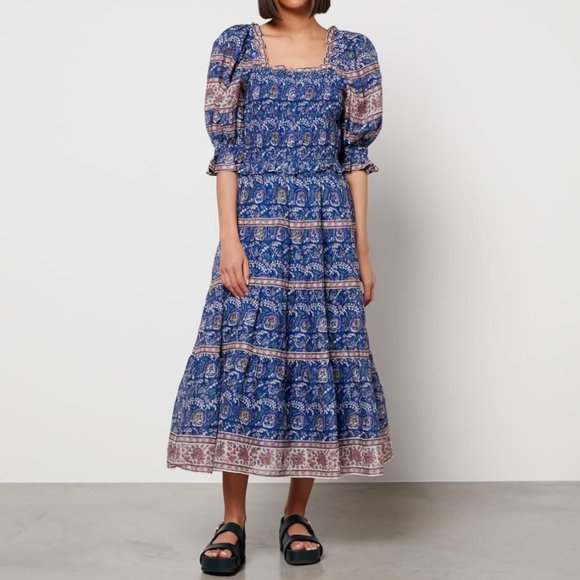 SEA Rosita Border Puff Sleeve Smocked Dress - Blue - NWT - Size Small - Picture 1 of 6